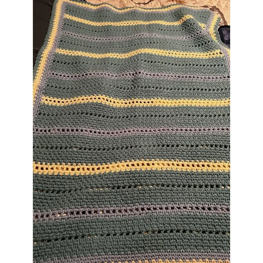 Vintage Hand Crochet Green, Yellow, Periwinkle Throw Blanket Rectangle 34x49
